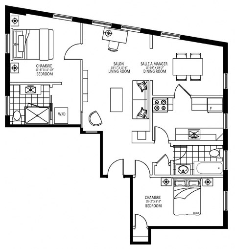 Floor plan for 2 beds, 2 baths, 965 sqft